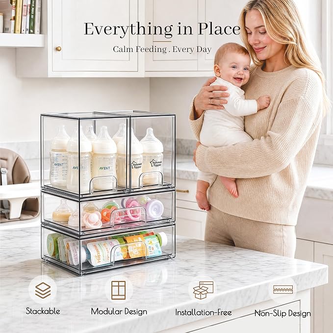 Clear Stackable Storage Drawers, Baby Bottle Organizer, Easily-Access Makeup Organizer, Durable Containers for Bathroom Countertop, Cabinet, Pantry and Medicine Organization