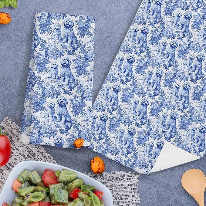 Nipi Chinoiserie Golden Doodle Kitchen Towels Set of 2, Blue and White Botanical Grandmillennial Dog Decorative Dish Tea Towels,Golden Doodle Gifts Hand Towels for Kitchen Bathroom Decor,16x24 Inch