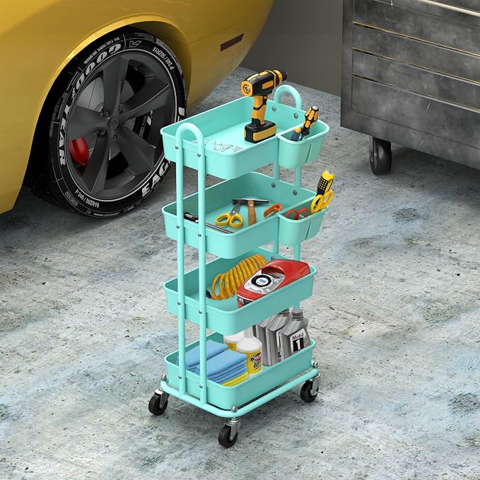Simple Houseware 4-Tier Rolling Utility Cart with Hanging Bucket, Turquoise | Storage for Bathroom, Kitchen, Office, Study Room, Nursery Diaper