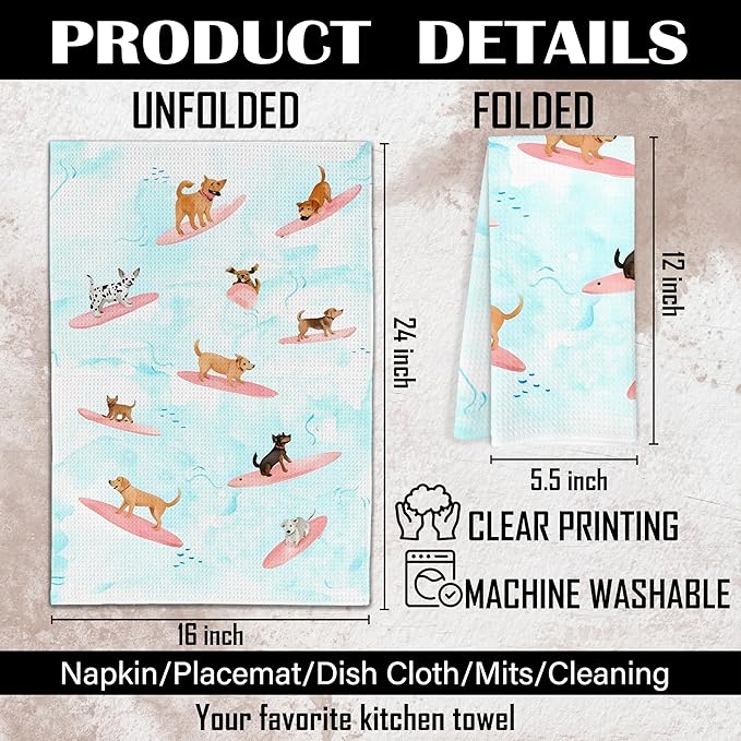Funny Surfing Dog Kitchen Towels, Coastal Beach Hand Towels for Bathroom, Dog Lover Mom Gifts, Nautical Dish Tea Towels for Kitchen Decor, Beach Bathroom Decor, 16x24 Inch