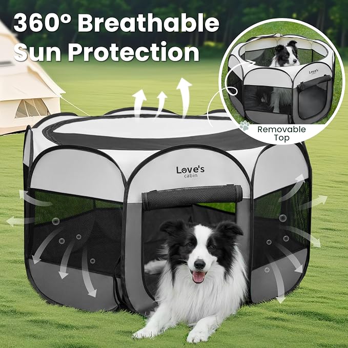 Love's cabin Pet Puppy Dog Playpen, Medium Dog Tent Crates Cage Indoor/Outdoor, Portable Playpen for Cat, Foldable Pop Up Dog Kennel Playpen with Carring Case, Removable Zipper Top, Grey