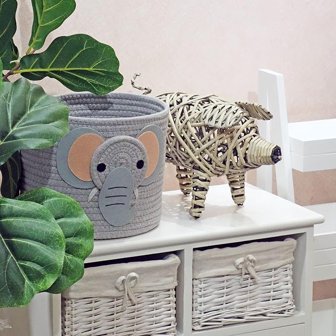 T&T Homewares Small Cotton Rope Baskets with Safari Theme Design for Baby Diaper Organizer, Nursery Storage, Nursery Room Decor, Kids Room Organizer, Cat Dog Toy Storage (Small Elephant)
