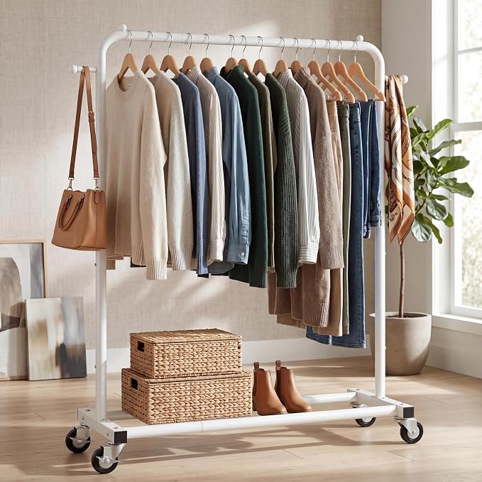 Sywhitta Metal Clothing Rack on Wheels with Bottom Shelf, for Clothes,White | Rolling Garment Rack for Hanging Clothes, Coats, Skirts, 39.76" L x 16" W x 63.78" H,Space-Saving Mobile Organizer for Closet