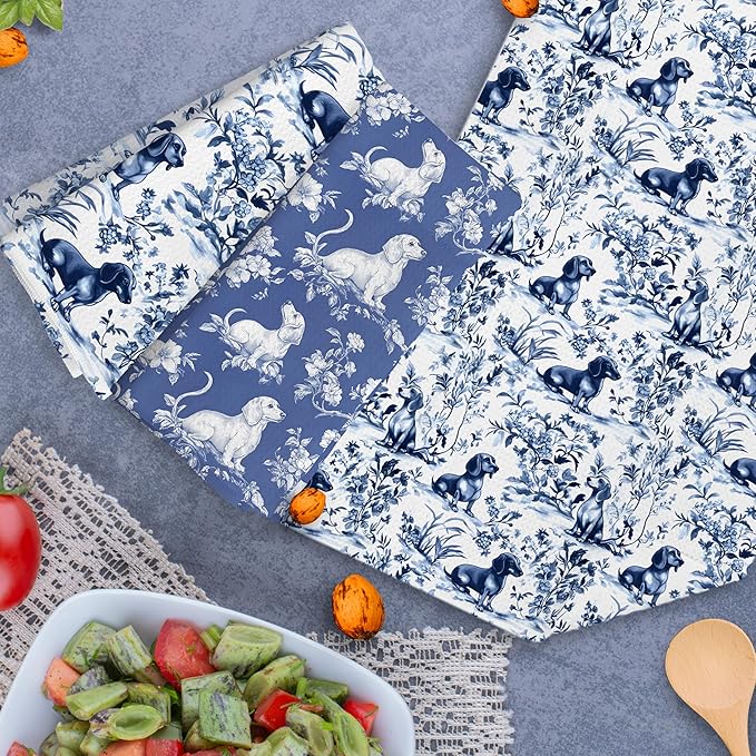 Chinoiserie Dachshund Kitchen Towels Set of 3, Blue and White Floral Botanical Dachshund Decorative Dish Tea Towels, Grandmillennial Weiner Dog Hand Towels for Kitchen Bathroom, 16x24 Inch