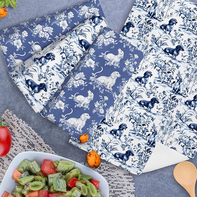 Chinoiserie Dachshund Kitchen Towels Set of 4,Blue and White Floral Botanical Dachshund Dog Decorative Dish Tea Towels,Grandmillennial Weiner Dog Hand Towels for Kitchen Bathroom,16x24 Inch