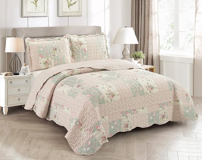 Brilliant Sunshine Traditional Rose & Sage Pillowshams Set, 20"x26"+2" | Patchwork Design, Quilted Standard Pillowcases, Washable Scallop Edge Pillow Covers, Pack of 2