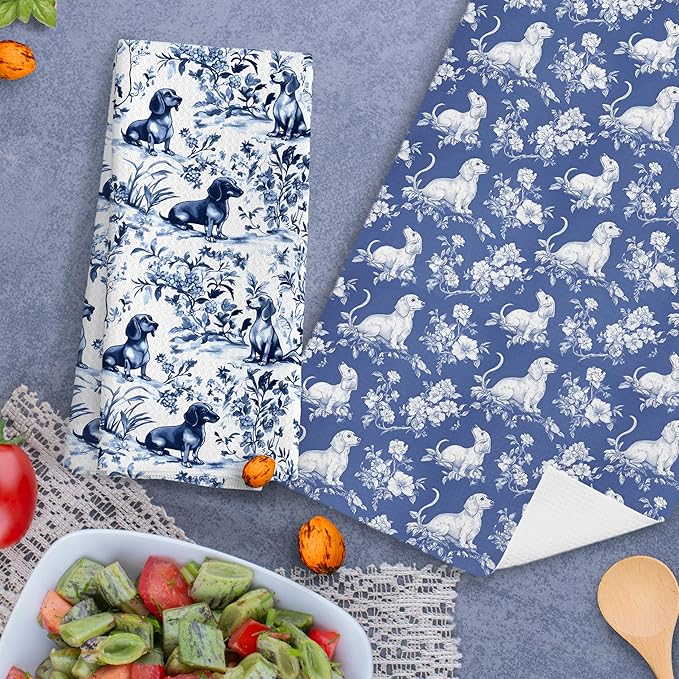 Chinoiserie Dachshund Kitchen Towels Set of 2, Blue and White Floral Botanical Dachshund Decorative Dish Tea Towels, Grandmillennial Weiner Dog Hand Towels for Kitchen Bathroom, 16x24 Inch