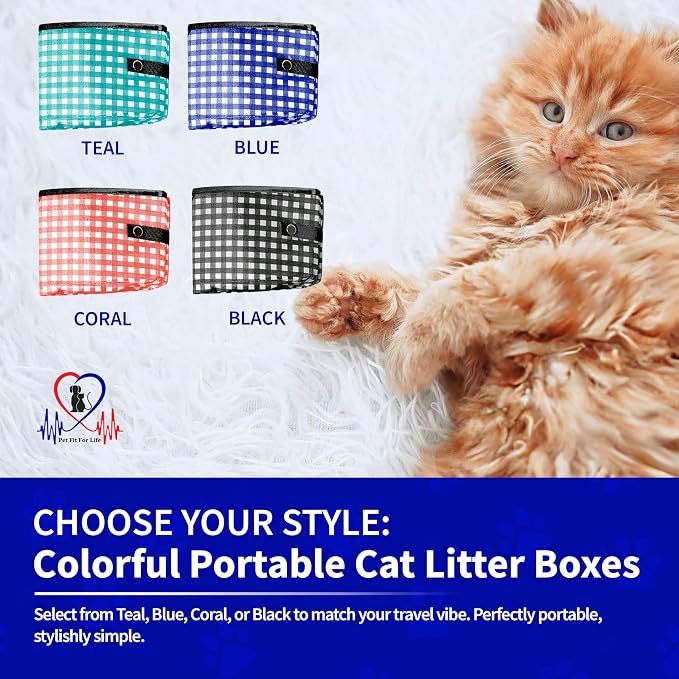 Pet Fit For Life Vibrant Collapsible Travel Cat Litter Box 16"x12"x5" Blue | Portable, Foldable Pop-Up Litter Box with Bonus Water Bowl. Compact Design Folds Flat for Travel, Camping and Home Use