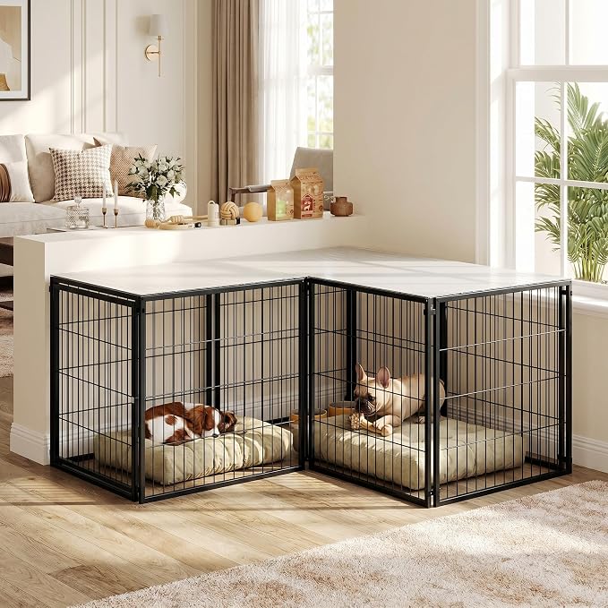 48 Inch Dog Cage with Top Cover Large Kennel for Medium Dogs Black Metal Wire Pet Playpen Indoor Crate Furniture Style Easy Assembly Flexible Door Placement Box for Two Small Puppies