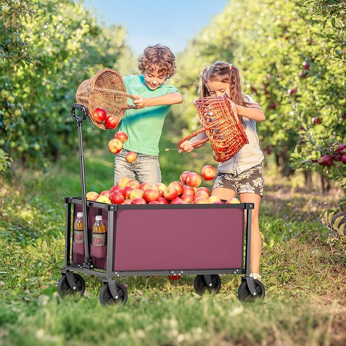 29.3" Collapsible Wagon Cart, 150L Heavy Duty Folding Utility Wagon with Wheels, 260 lbs Load, Portable Rolling Cart for Garden, Shopping, Sports, Camping, WineRed