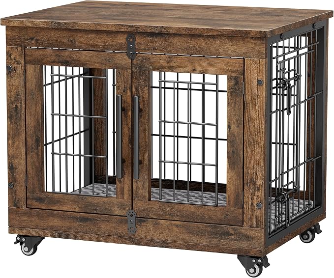 YaFiti Dog Crate Furniture, 27.2" Wooden Indoor Dog Kennel, Rustic Brown | for Small Dogs, Up to 30 lb, Cushion, Wheels, Double Doors, Furniture Style, Side End Table, Decorative Pet Cage House