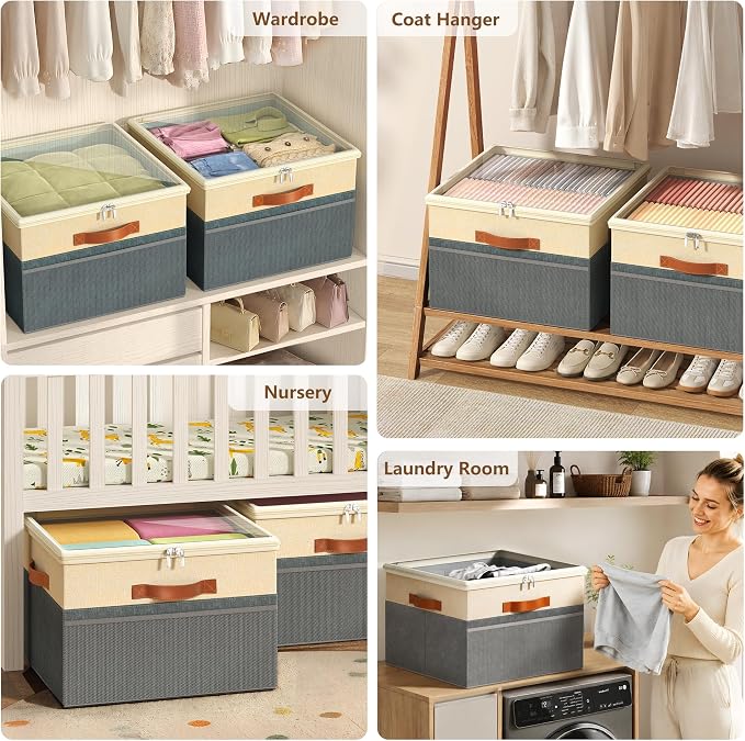 Shoe Organizer for Closet, 2 Pack Foldable Shoe Storage Organizer Box Bin with Adjustable Dividers and Clear Cover, Fits up to 16-32 Pairs(Grey&Beige)