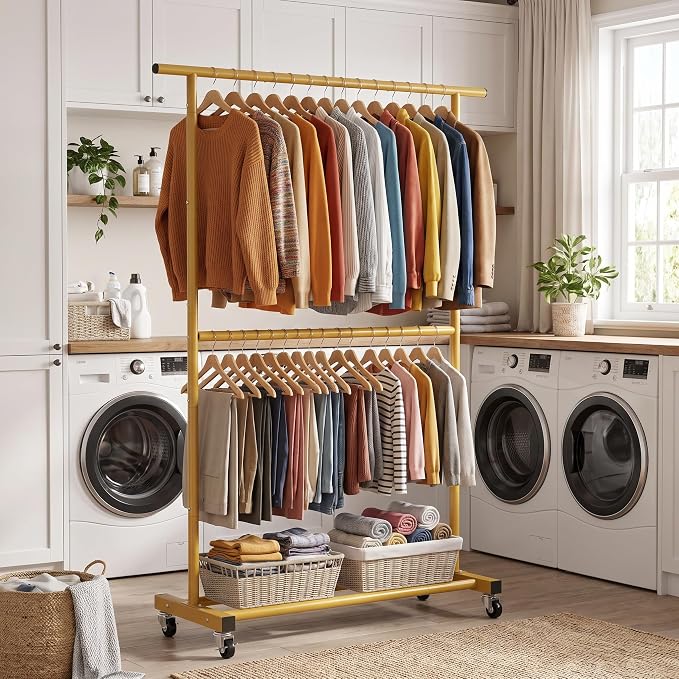 Sywhitta Double Rod Metal Clothing Garment Rack on Wheels, Gold | Rolling Clothes Organizer, for Hanging Clothes,Coats,Easy to Assemble,Space-Saving,Mobile Organizer for Closet
