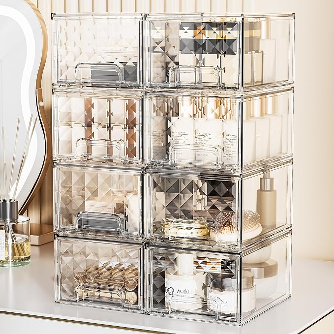 Delamu 8 Pack Stackable Storage Drawers organizer, Clear | Acrylic Makeup Organizer for Bathroom Countertop Storage, Desk, Vanity, Medicine Cabinet, Under Sink, Baby Bottles, for Women