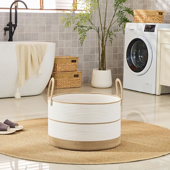 KAKAMAY Large Blanket Basket with Handles, Storage Basket for Living Room | Extra Large Capacity | Natural Cotton Rope | Blanket Storage | Woven Storage Basket | Stuffed Animal Storage | Laundry Basket