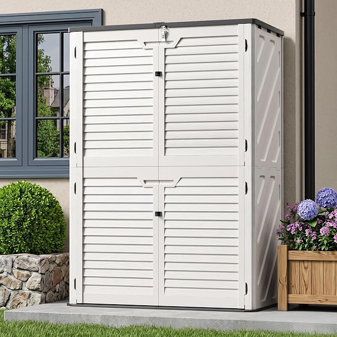 65 Cu.Ft Resin Outdoor Storage Shed with 5 Shelves & Floor, Weatherproof Plastic Vertical Outdoor Storage Cabinet for Garden Backyard Patio Pool Tool