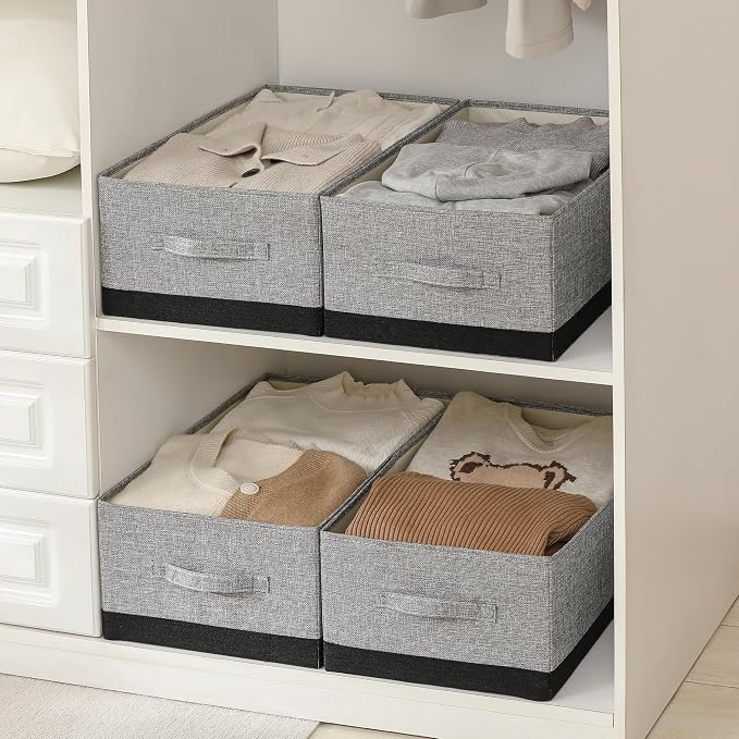 Linen Folding Storage Bins, 3 Pack Large Storage Baskets, Washable, Clothing Storage Bins with Handle, Closet Organizer for Storage Sweater,Sheets (gray black, 18½"x13½x8½)