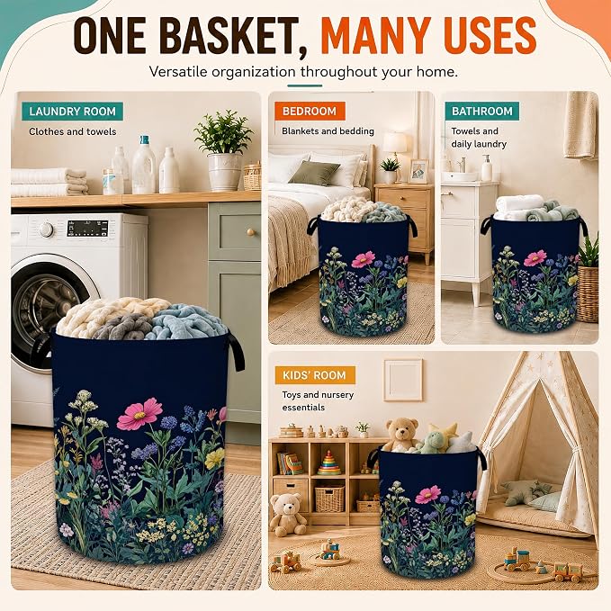 Wildflower Spring Floral Laundry Basket,Garden Flowers Foldable Oxford Laundry Hamper with Handles,Portable Clothes Tote Bag Clothes Storage Bucket Organizer For Bathroom/Laundry Storage/Bedroom