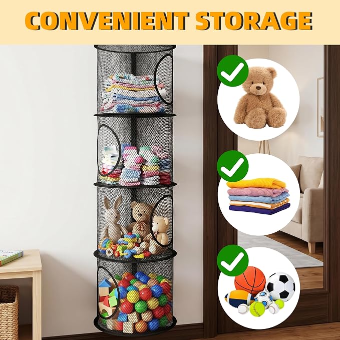Hanging Stuffed Animal Storage Hammock Net 4 Tiers, Black | Hanging Mesh Storage Organizer for Kids Room, Holds Plushies, Gloves, Hats, Socks, Foldable Space-saving Design