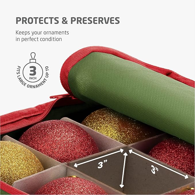 ZOBER Large Christmas Ornament Storage Box - Stores 80 3" Ornaments, With Dividers - With Large Compartment for Figurines, and Accessories, Durable Christmas Containers Holder, 4 Extra Pockets - Green