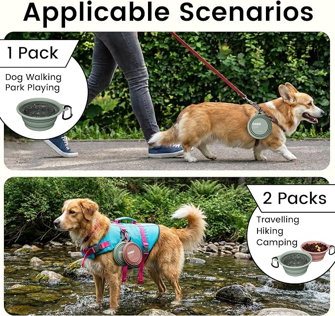OHMO Small Collapsible Dog Bowls, Steel Rim, 12oz, 2pcs, Coral&Sage Green | Portable Pet Water&Food Bowl, Cat-Friendly, BPA-Free Silicone, Foldable, Hiking&Camping Travel Gear, Stable Shape, Easy-Clean