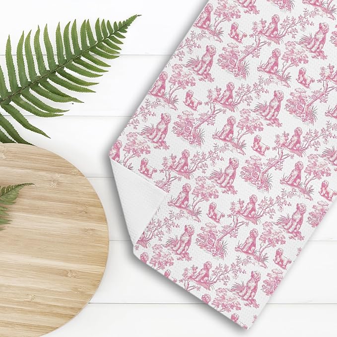 Pink Chinoiserie Poodle Kitchen Towels, Standard Poodle Gifts Hand Towels for Kitchen Bathroom Decor,Pink Botanical Grandmillennial Dog Decorative Dish Tea Towels, 16x24 Inch