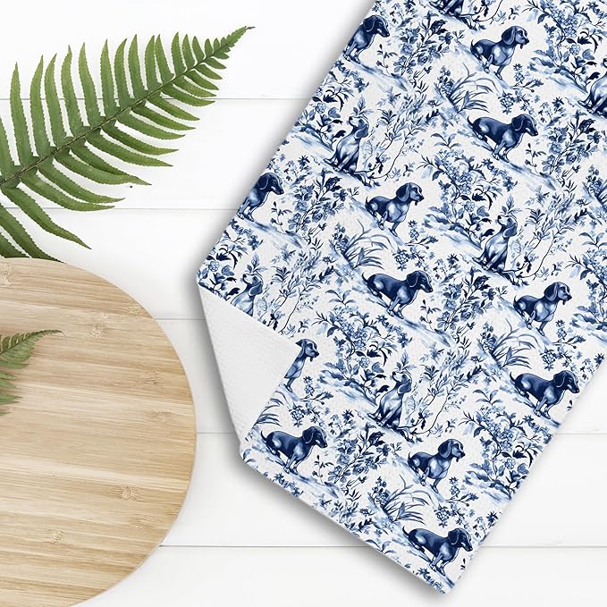 Chinoiserie Dachshund Kitchen Towels, Dachshund Gifts Decorative Dish Tea Towels, Blue and White Floral Botanical Grandmillennial Weiner Dog Hand Towels for Kitchen Bathroom, 16x24 Inch