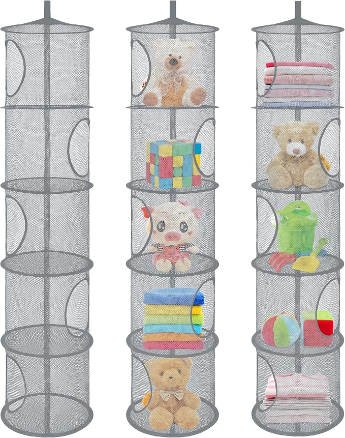 3Pcs Hanging Stuffed Animal Storage Hammock Net 5 Tiers, Grey | Hanging Mesh Storage Organizer for Kids Room, Holds Plushies, Gloves, Hats, Socks, Foldable Space-saving Design