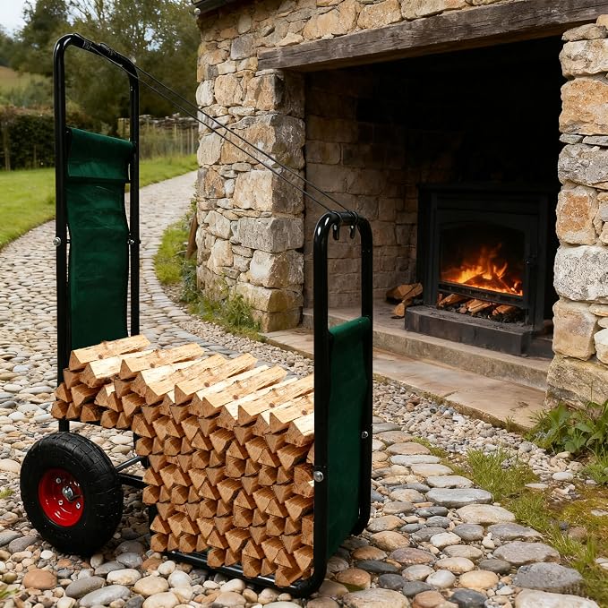 Doublehorse Firewood Cart 27x20x44in Steel Pneumatic Wheels Green | Heavy Duty Metal Waterproof Portable Storage Rack for Outdoor Camping Backyard Fireplace Indoor Use