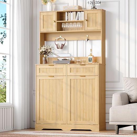 2 x 13 Gallons Double Tilt Out Trash Cabinet with Power Outlet, Natural Oak | 71" Tall Kitchen Fluted Pantry Storage Hutch Cabinet with 2 Drawers, Garbage Can Holder Cabinet with Adjustable Shelve