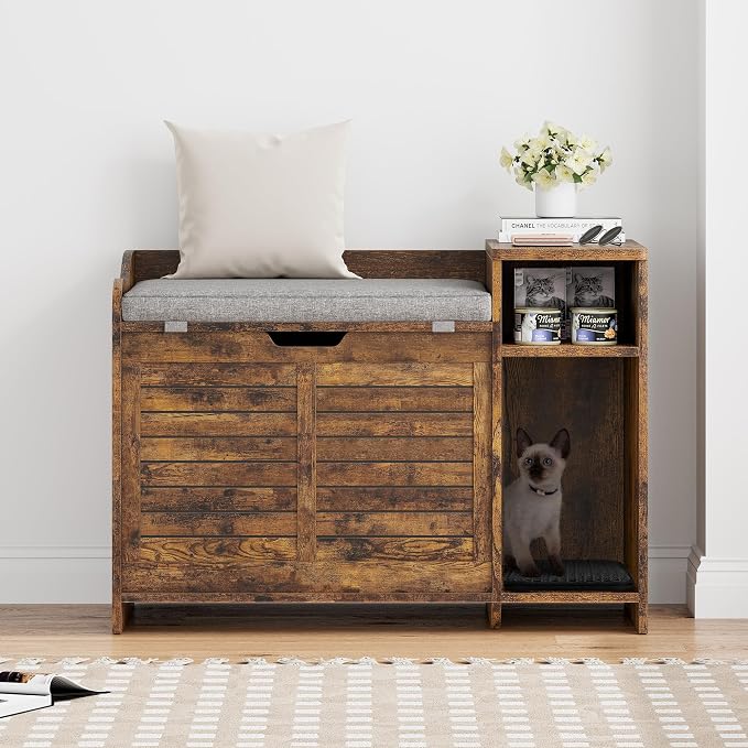 Cat Litter Box Enclosures Large Hidden Cat Litter Box Furniture Enclosure w/Top Opening Door, Wooden End Table Pet House w/Storage Shelf, Cushion & Mat, Dog Proof Design for Easy Cleaning