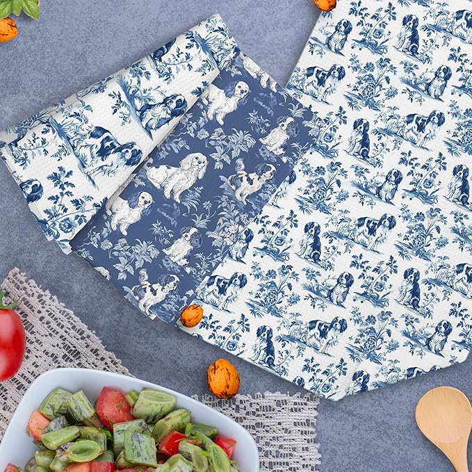 Chinoiserie Cavalier King Charles Spaniel Kitchen Towels Set of 2,Blue and White Floral Cavalier Spaniel Decorative Hand Towels,Grandmillennial Dog Hand Towels for Kitchen Bathroom,16x24 Inch