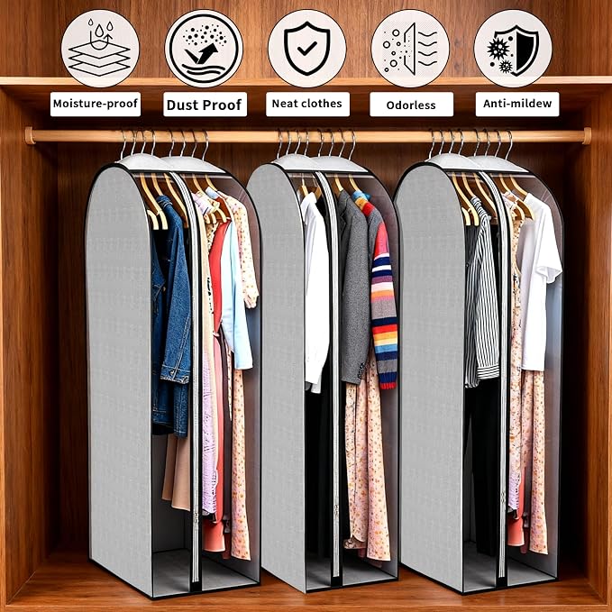 3 Pcs 10" Gusseted Garment Bags 40" & 50" PEVA Breathable Dust Cover | clothes storage bags,Garment Bags,Hanging Clothes Covers with Bedroom,Suits,Padded Clothes, Dress, Shirts, Sweaters, Keep Dry