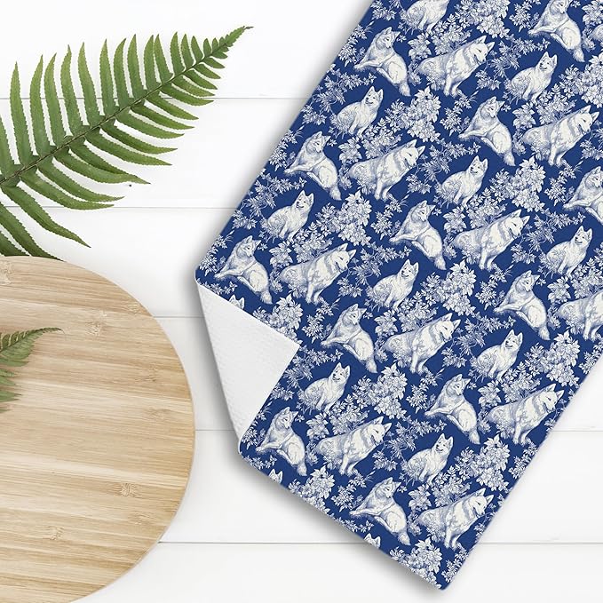 Chinoiserie Siberian Husky Kitchen Towels,Siberian Husky Dog Gifts Decorative Dish Tea Towels,Blue and White Grandmillennial Botanical Dog Floral Hand Towels for Kitchen Bathroom, 16x24 Inch