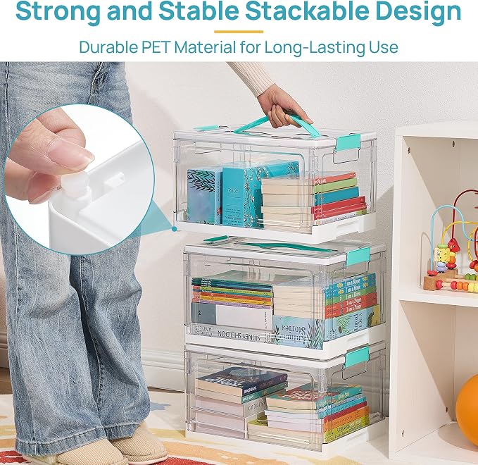 Vtopmart 24 QT Clear Plastic Stackable Storage Bins with Lids, 3 Pack | 24QT Clear PET Bins, Foldable and Stackable with Silicone Pads, for Clothes, Books, Crafts and Household Essentials.