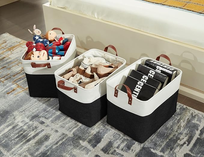 DECOMOMO Fabric Storage Bins, Extra Large Storage Baskets with Handles | 3 Pack Storage Baskets for Shelves, Laundry, Toys, Nursery (Black & White)