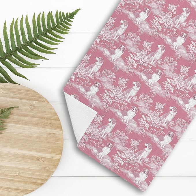 Border Collie Dog Gifts for Pink Chinoiserie Floral Decor Kitchen Towels,Pink Border Collie Dog Print Grandmillennial Decorative Dish Tea Towels for Kitchen Bathroom,16x24 Inch
