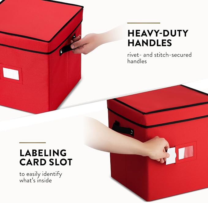 ZOBER Christmas Ornament Storage Box - Stores 64 Ornaments - Non-Woven, Tear- Proof Christmas Ornament Storage Containers - 3 Inch Cube Compartments - Red (Pack of 2)