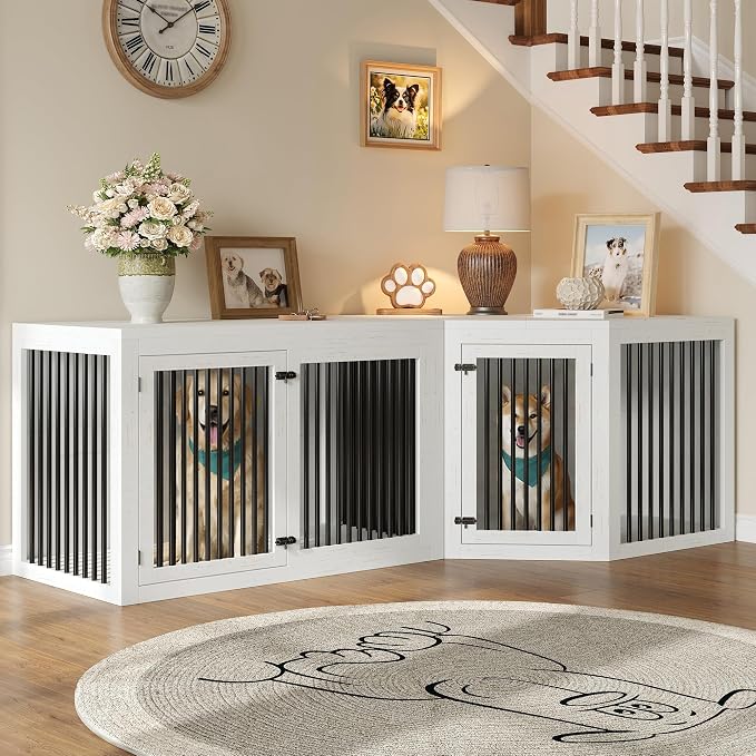 AMERLIFE 128" Extra Large Dog Crate Furniture, 3-in-1 Corner Dog Kennel | Dog Cage with Storage and Divider, Space-Saving Design, Heavy Duty Crate for Medium/Large Dogs, White
