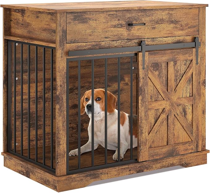 GarveeHome Dog Crate Furniture, 37.8" Large Dog Kennel Indoor, Wooden Kennel Table with Sliding Barn Door and Storage Drawer, Indoor Dog House for Large/Medium/Small Dogs (Brown)