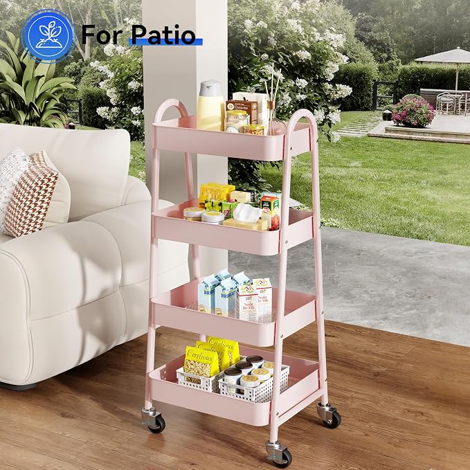 OLIXIS Metal 4 Tiers Rolling Storage Utility Cart with Lockable Wheels | Mobile Organizer Shelf, Space-Saving, Freestanding, Bathroom, Living Room, Slim, Narrow Corner Spaces, Pink