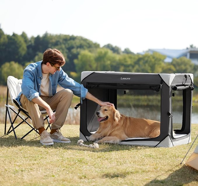 Lesure Portable Soft Collapsible XL Dog Crate, 42in Charcoal Grey | Travel Camping Pet Kennel, 4-door, Indoor and Outdoor Use, Easy to Set Up and Fold, For Extra Large Breeds Up to 90lbs