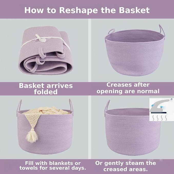 XUANGUO 66L Large Blanket Basket, Round Cotton Rope Basket, Purple | 20" x 13" Laundry Basket with Sturdy Handles for Blankets, Pillows and Toys; Storage for Living Room, Bedroom and Nursery