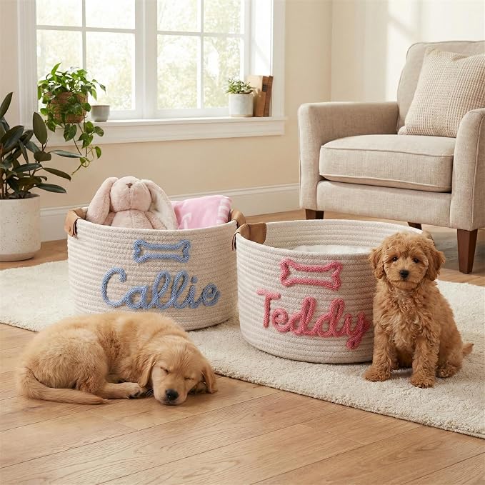 JUPPE Pet Dog Basket with Personalized Name, Dog Toys Storage Organizer Custom Cotton Rope Basket Nursery Decor (Dog Toy Basket)
