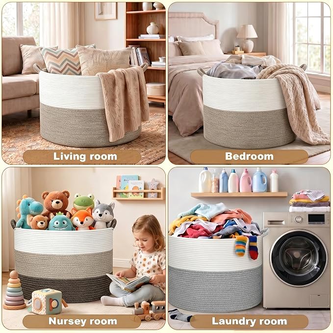 XXXXL 125L Extra Large Blanket Basket, 24.8" x 16" Jumbo Woven Basket (Includes 2 Cute Baskets), Cotton Rope Basket with Handle for Living Room, Baby Toys Nursery, Laundry (White/Light Grey)