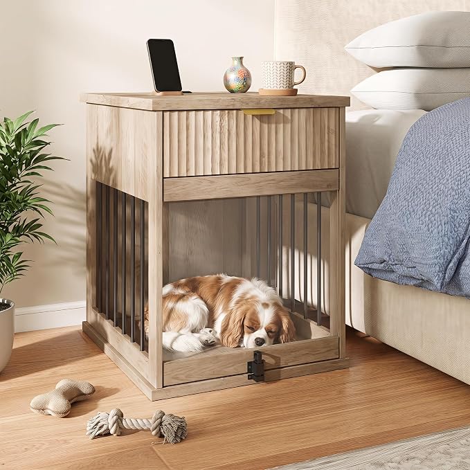 23.6" Small Dog Crate End Table with Charging Station, Dogs Kennel Furniture with Tempered Glass Door and Drawer, Wooden Decorative Dog Crates for Small Medium Dogs, Grey Oak