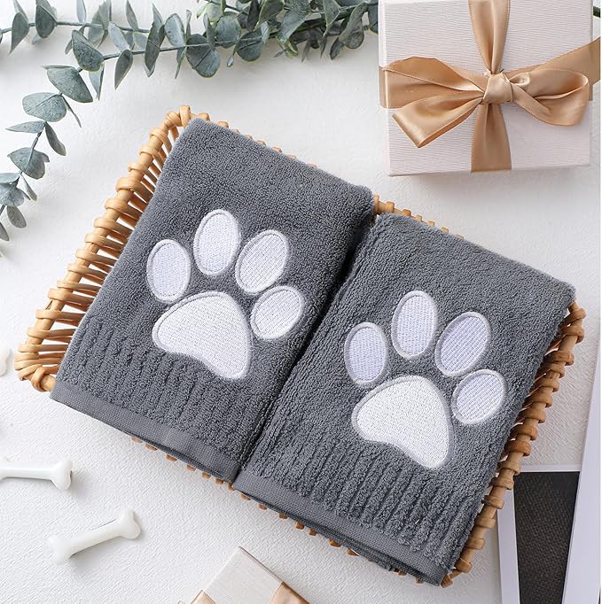 SmoothNovelty 2 Pcs Dog Paw Hand Towels Dark Grey Bathroom Decor 13 x 29 Inch 100% Cotton Embroidered Hand Towels Soft Absorbent Farmhouse for Kitchen Restroom