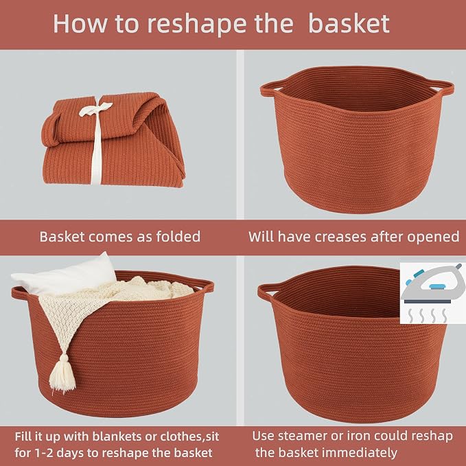 XUANGUO Extra Large Cotton Rope Round Storage Basket 22" x 14" Rustic | Woven basket for blankets, toys, towels, laundry, nursery, living room and pet toy storage.