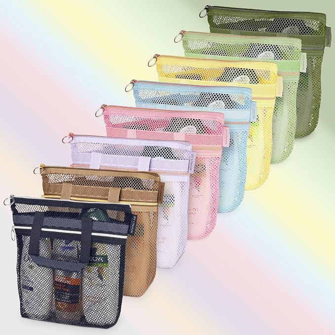 Mesh Shower Bag 10.2x9.9'' Quick-Dry Caddy with Zipper & 2 Pockets. Portable Toiletry Tote for Bathroom, Gym, Travel, Camp, Beach, for Sunscreen, Dorm & College Essentials (Olive Green)