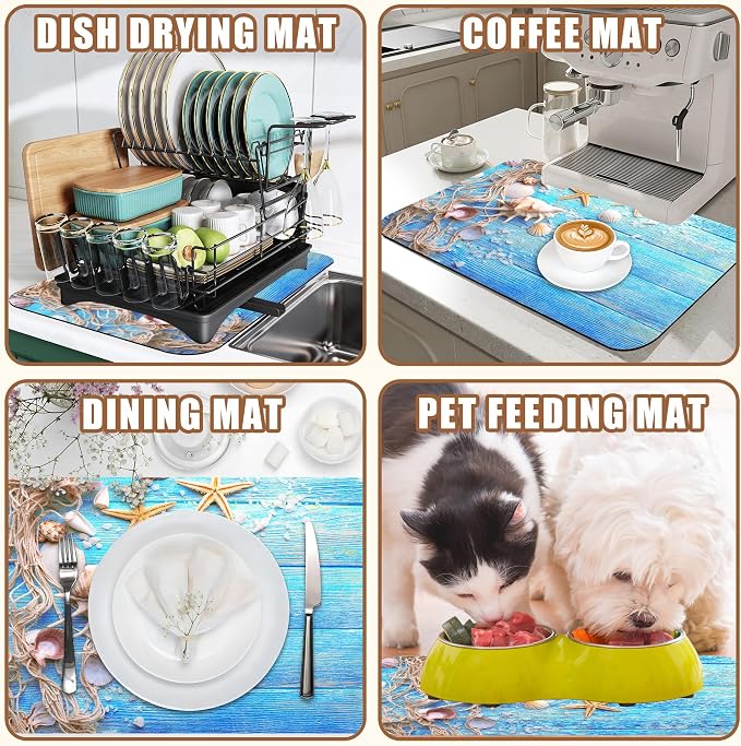 Summer Sea Shells Starfish Coffee Mat Absorbent Dish Drying Mat for Kitchen Counter Hide Stain Rubber Backed Coffee Bar Accessories 11.8 x 19.7 Inch Fit Under Espresso Machine